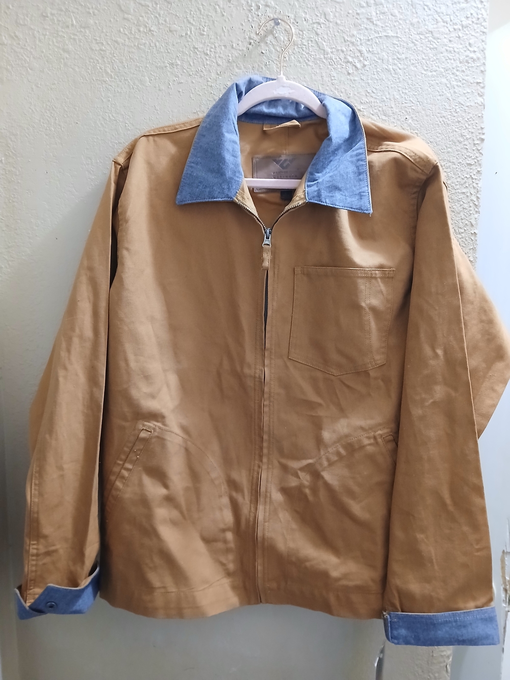 Men's Canvas Jacket with Blue Contrast Collar - Tan